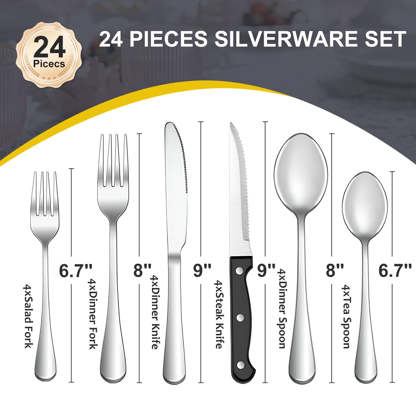 Bluebow 24-Piece Silverware Set with Steak Knives, Flatware Cutlery Set for 4, Food-Grade Stainless Steel Kitchen Tableware Set