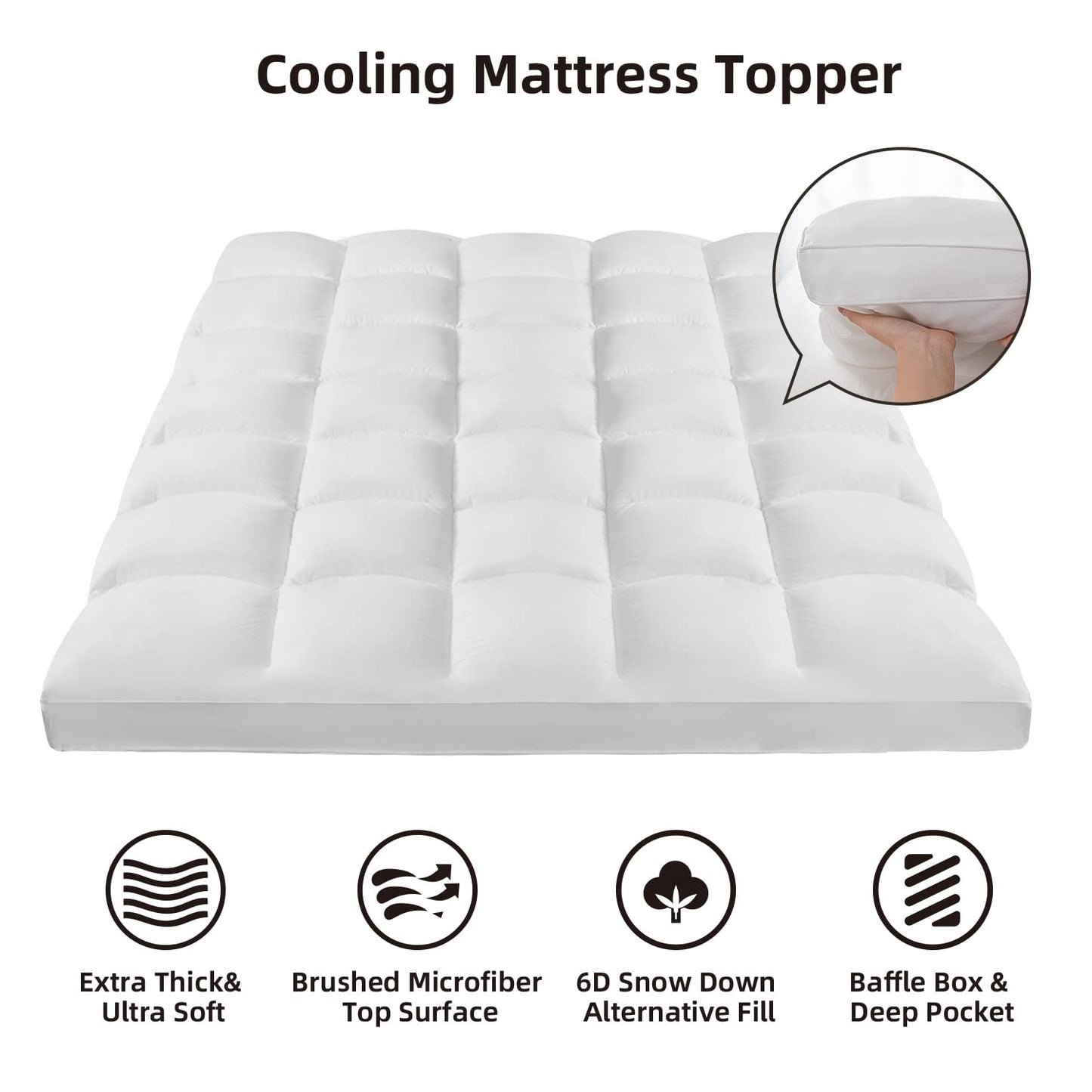 Queen Mattress Topper, Cooling Mattress Pad, 400Tc Extra Thick Cotton Mattress Cover, Fluffy Pillow Top with Snow Down Alternative Mattress Protector, 8-21" Deep Pocket, Bed Comfort