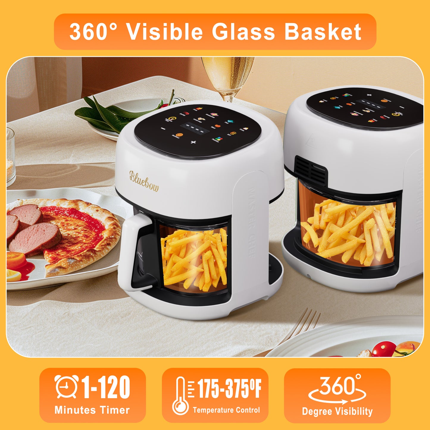 Bluebow Glass Air Fryer, 5QT Air Fryer with Viewing Glass Pot, Air Fry, Roast, Reheat, Dehydrate, Nonstick & Dishwasher Safe Basket,97% Less Oil