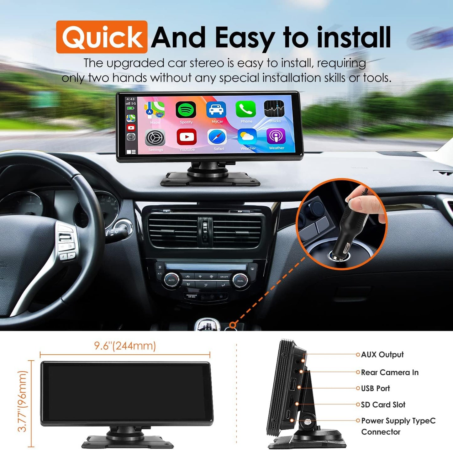 Lieucyst Wireless Apple CarPlay Dash Mount Portable Car Stereo, Android Auto, 9.33-Inch FHD Touchscreen Car Audio Receiver, Drivemate, Car Buddy with Voice Control, AUX/AV IN/USB, AHD Rear View Camera