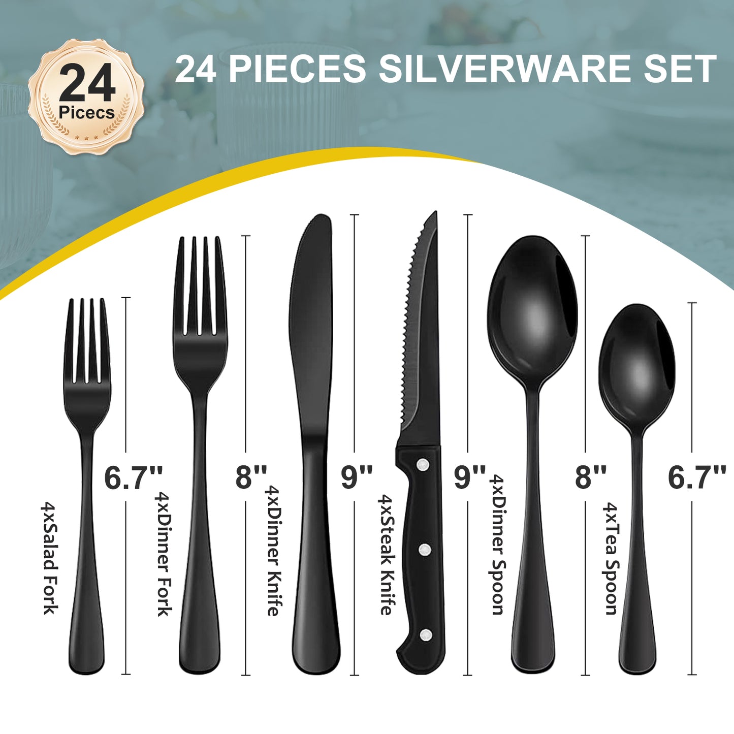 Bluebow 24-Piece Black Silverware Set with Steak Knives, Flatware Cutlery Set for 4, Food-Grade Stainless Steel Kitchen Tableware Set