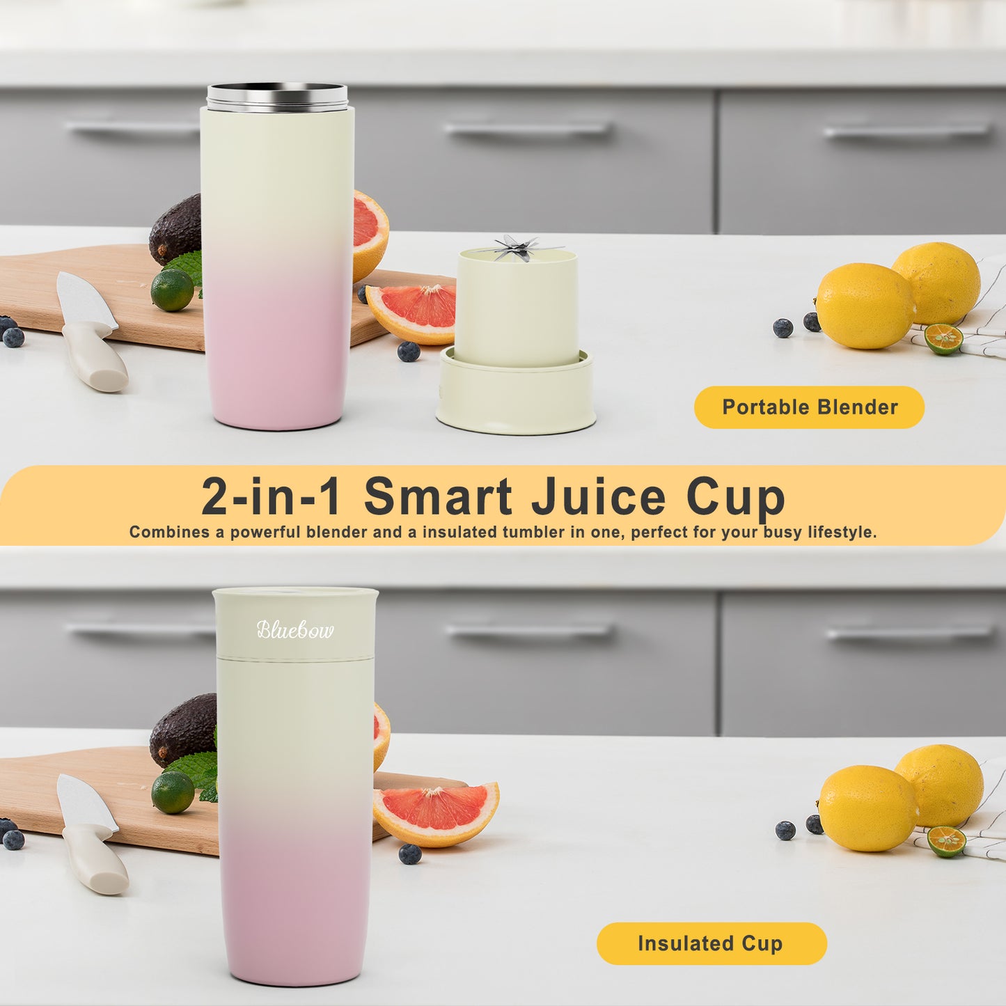 Bluebow Portable Blender for Shakes and Smoothies, Personal Size Blender with Insulated Cup, Cordless 17oz, USB-C Rechargeable, Travel