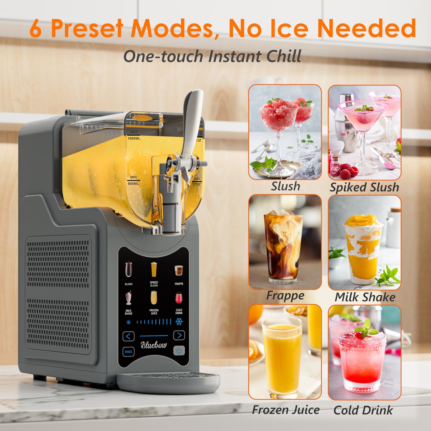 Bluebow Slushie Machine for Home, 88oz Vessel Slushy Maker with 6 Preset Programs, No Ice Needed, Frozen Drink Maker for Slush, Smoothie, Frappe, Milkshakes and More