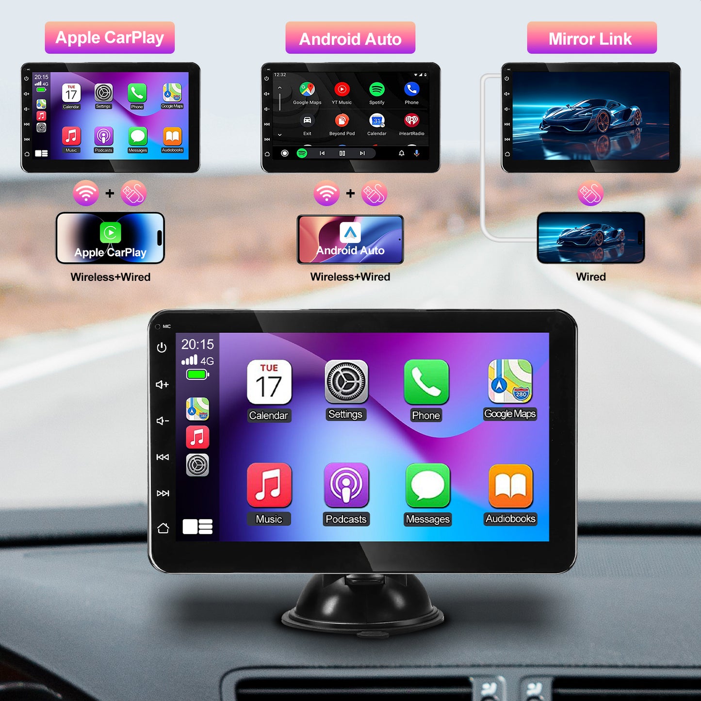 Pentantan Wireless 7” Touchscreen Portable Car Stereo with Apple CarPlay and Android Auto