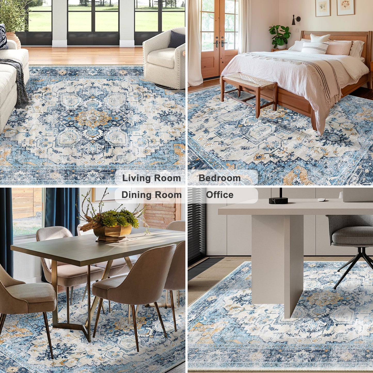 Pentantan Area Rugs for Living Room, Boho 9'x12' Washable Bedroom Rug, Non Slip Indoor Carpet, Blue