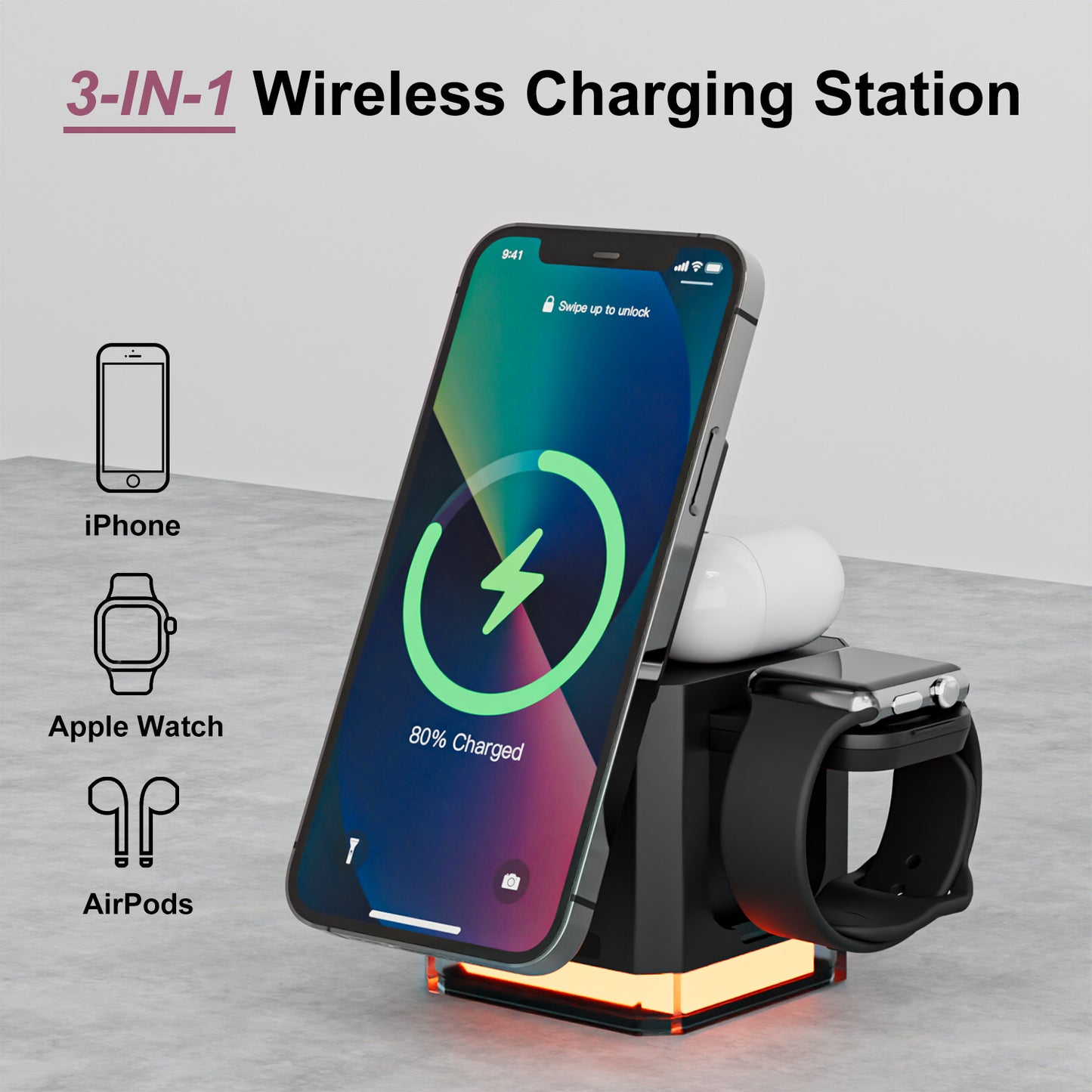 SANPTENT 3 in 1 Cube Wireless Charger, Foldable Charger Stand, 15W Fast Wireless Charging Station for iPhone 15/14/13/12 Series, Apple Watch, AirPods - Black