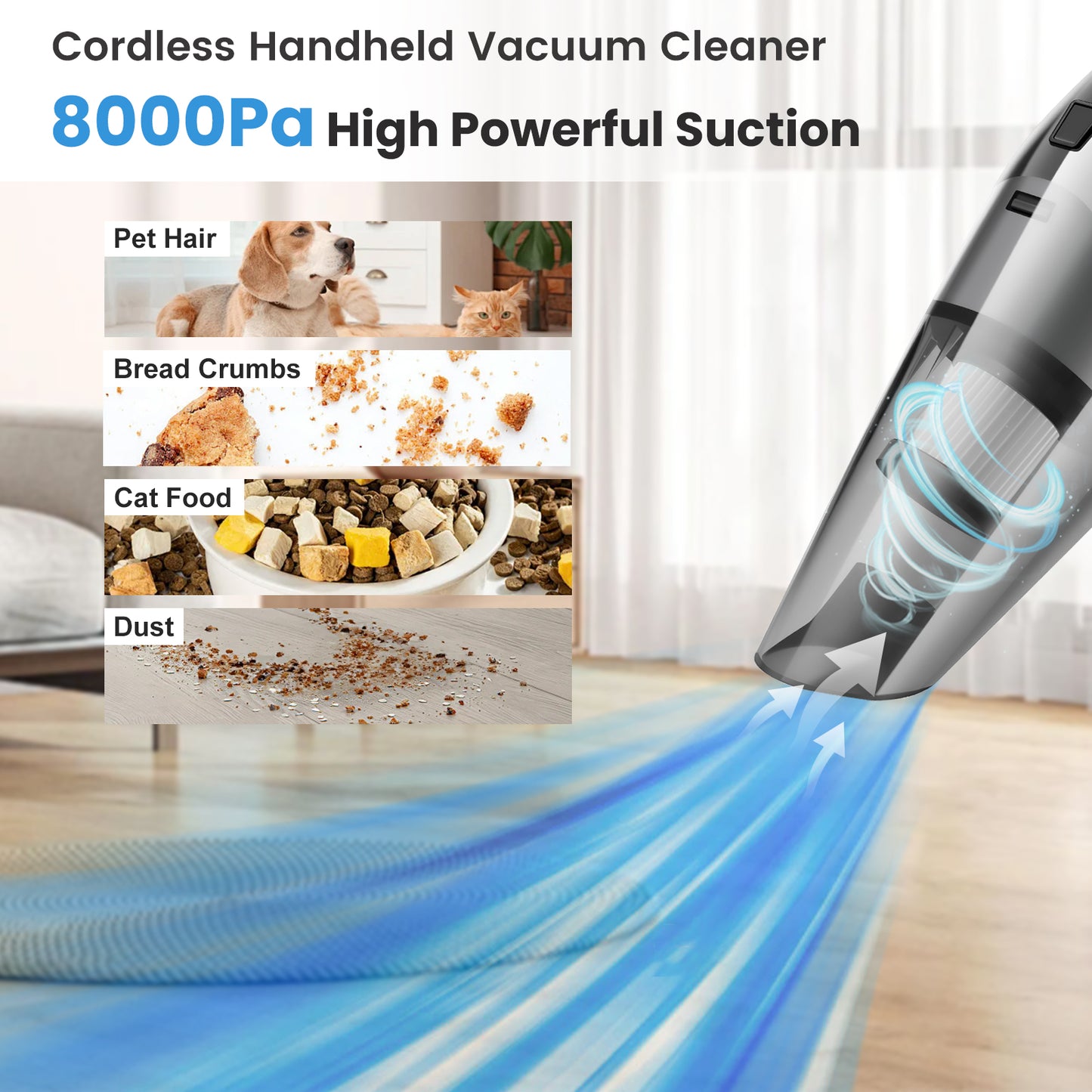 Cordless Handheld Car Vacuum, Portable Vacuum Cleaner, 8KPA Powerful Suction for Car and Pet Hair, Gray