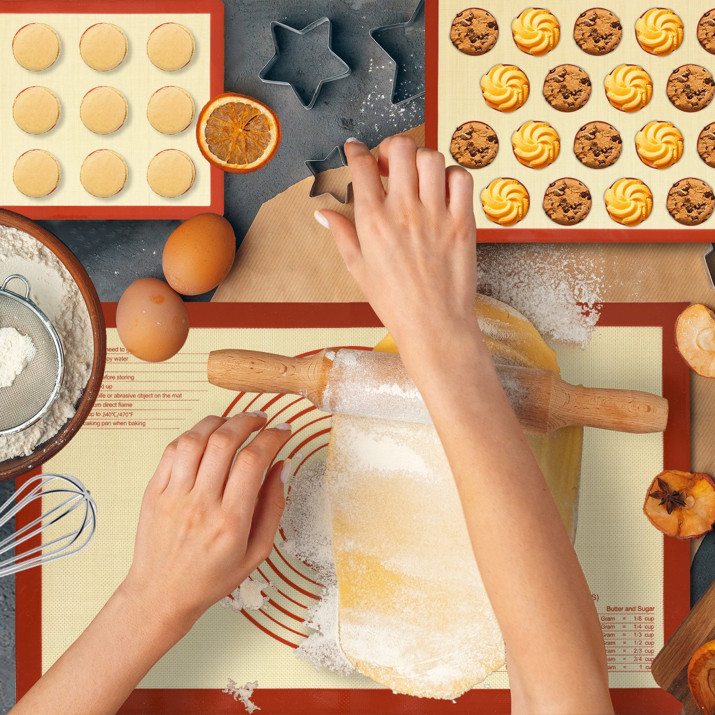 Vaparinckl Premium Silicone Baking Mat Set of 4, Pastry Dough 26"x16" Mat, Non-Stick Reusable Oven Sheet for Macaron, Cookie, Pizza, Fondant, Pan Liner