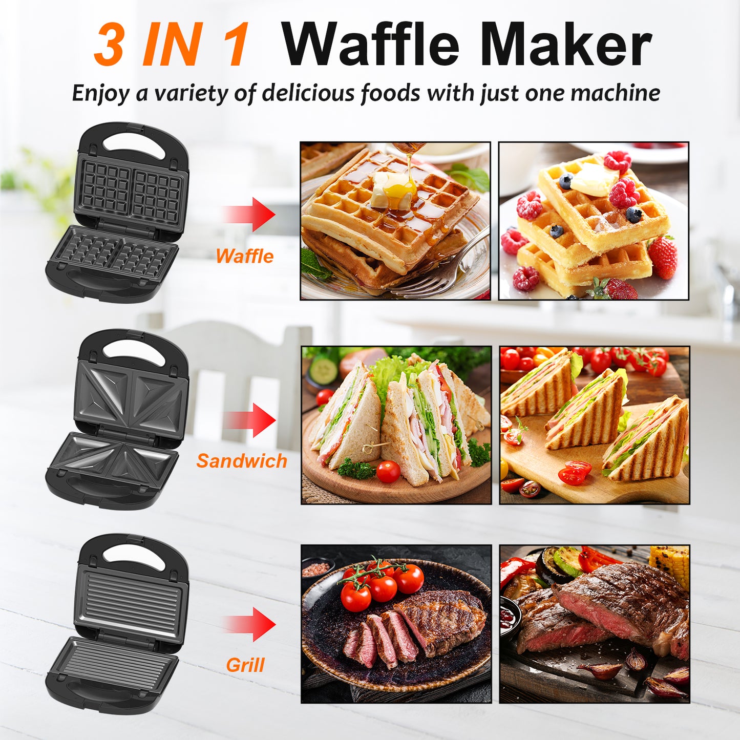 Bluebow 3 in 1 Waffle Maker, 2 Slice Breakfast Sandwich Maker with Removable Plates, Non-Stick Panini Press Grill, Indicator Light, 760W