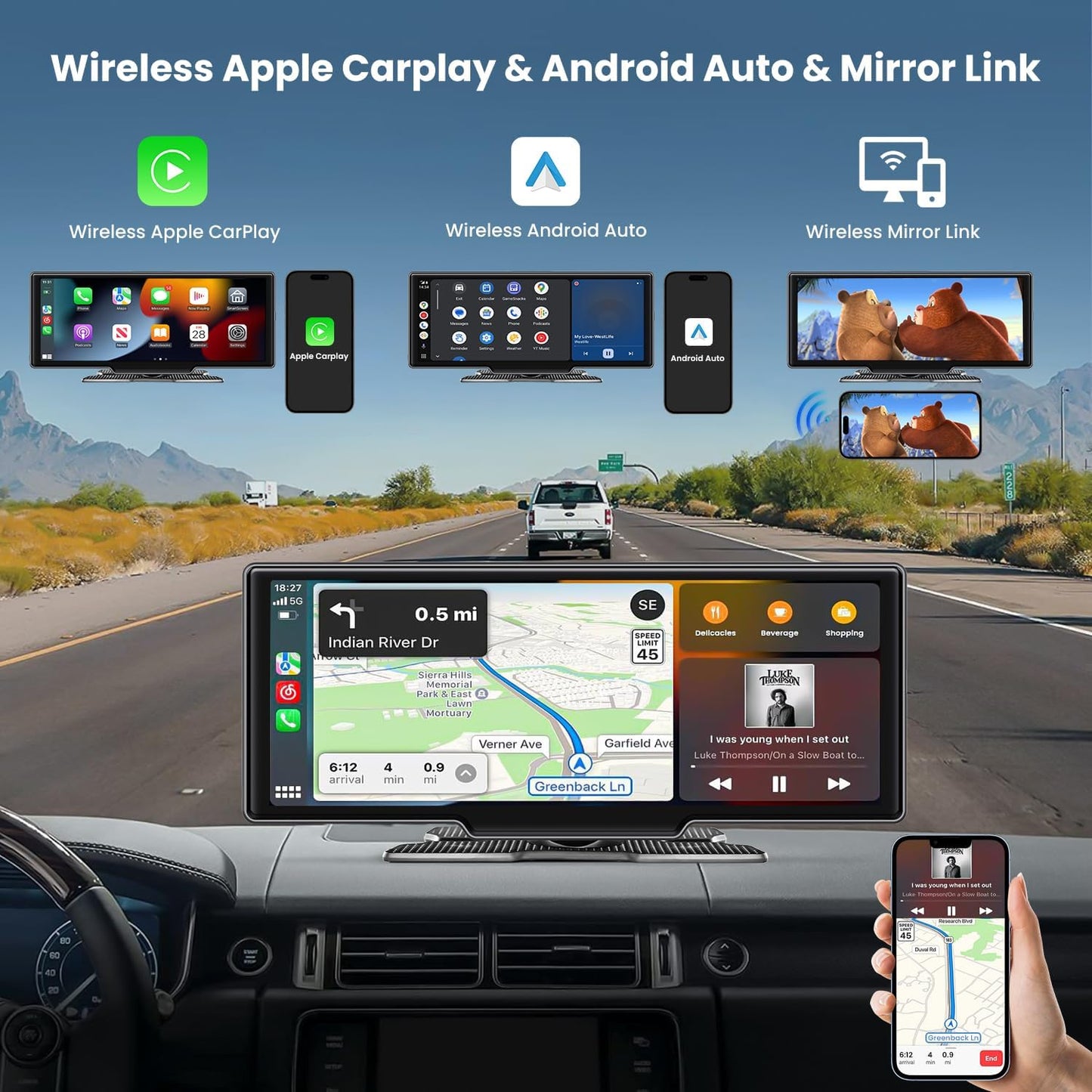 Lieucyst Portable Car Stereo Wireless Apple CarPlay, 10.26" FHD Car Touch Sereen Radio, Android Auto, 2.5K Dash Cam Loop Recording, Backup Camera, Bluetooth, Mirror Link, Car Audio Receivers Drivemate