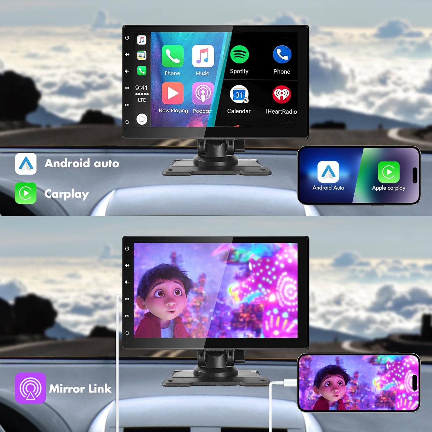 Wireless Apple CarPlay 9'' Touchscreen Dash Mount & Android Auto Portable Car Stereo