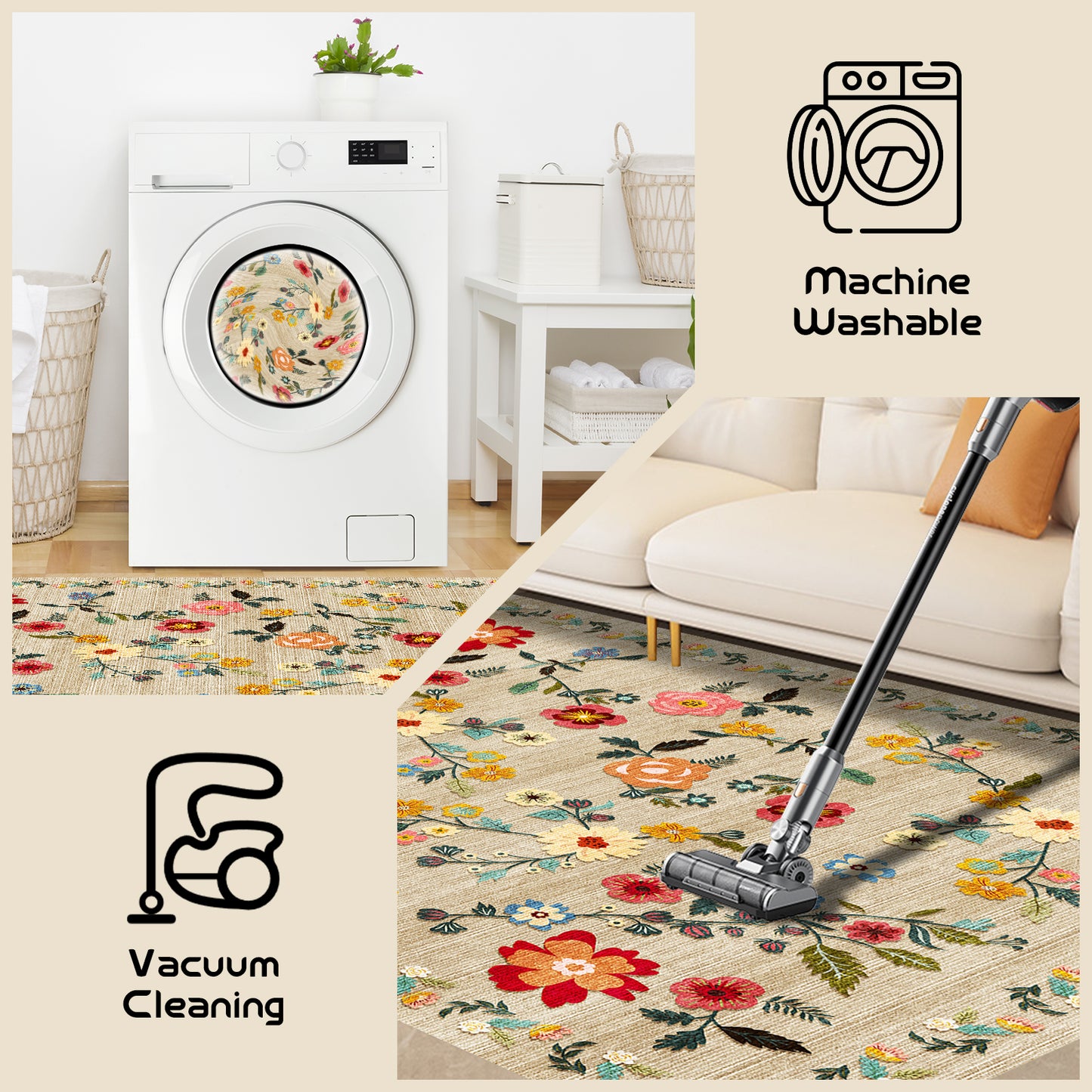 Pentantan 6'x9' Floral Area Rugs, Machine Washable Rug for Living Room- Soft Indoor Carpet, Low Pile for Bedroom, Dining Room, Playroom, Office