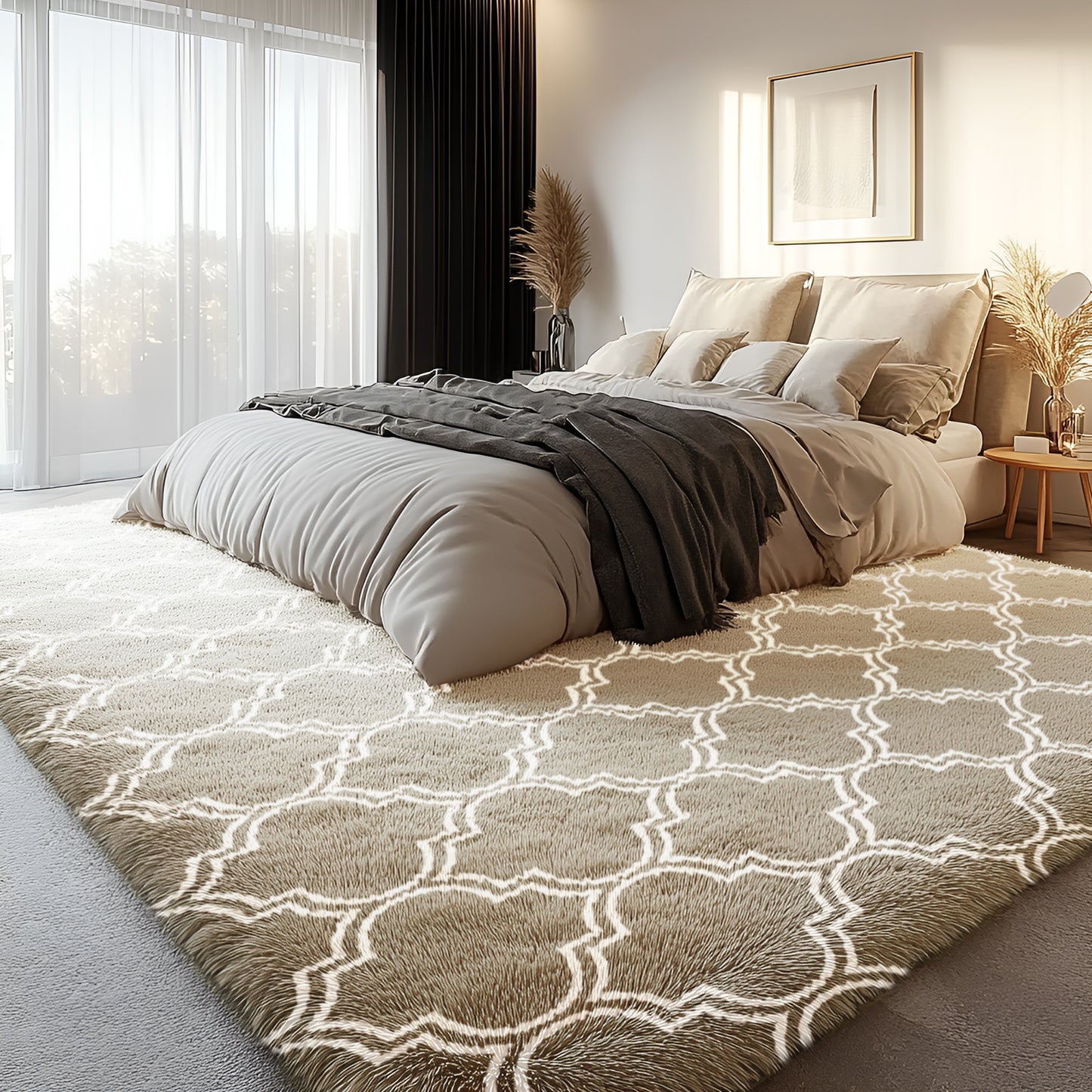 Geometric Shaggy Area Rugs for Bedroom, Moroccan Fluffy Living Room Carpet, Camel & White