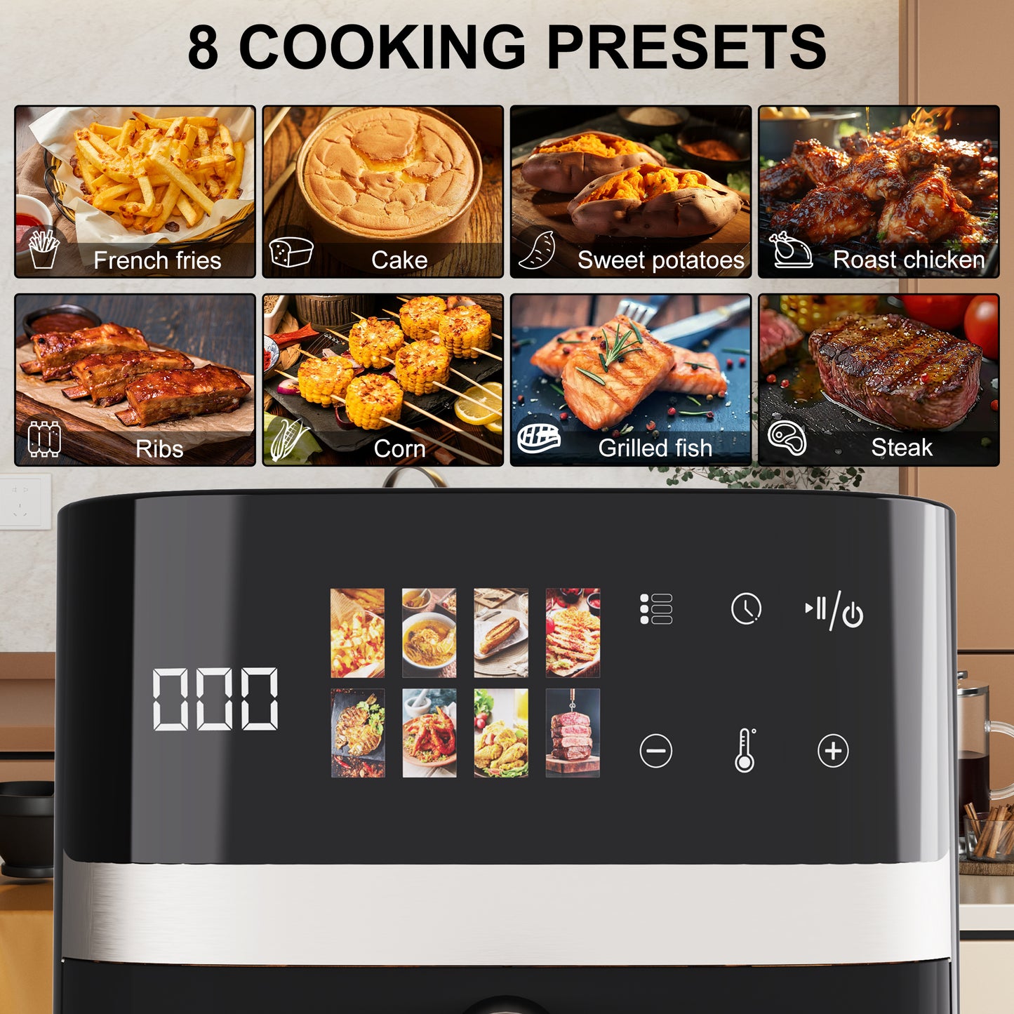 Bluebow 6QT Air Fryer, 8-in-1 Electric Hot Oven with Digital LED Touchscreen, Visible Window, 1500W, New, Black