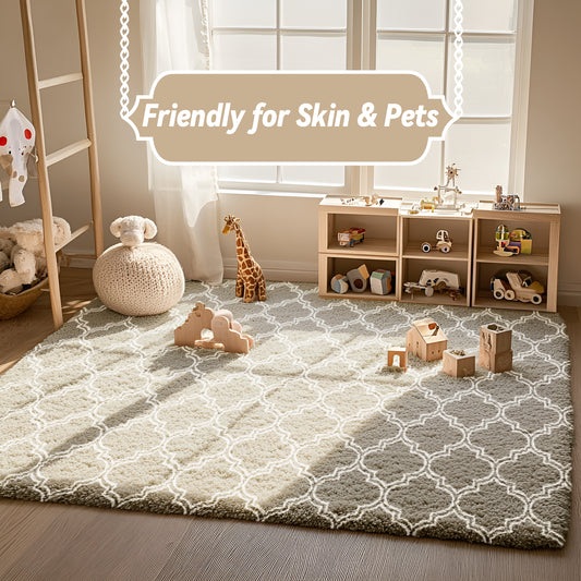 Geometric Shaggy Area Rugs for Bedroom, Moroccan Fluffy Living Room Carpet, Camel & White