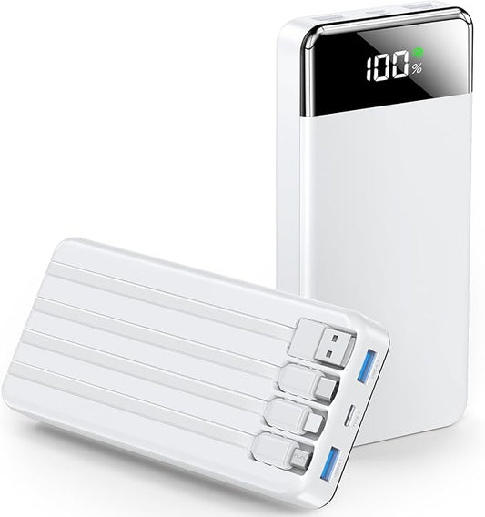 Easy-Goes Tech 20000mAh Power Bank Portable Charger with Cables, USB Battery Pack Compatible for iPhone & Android Cell Phones,White
