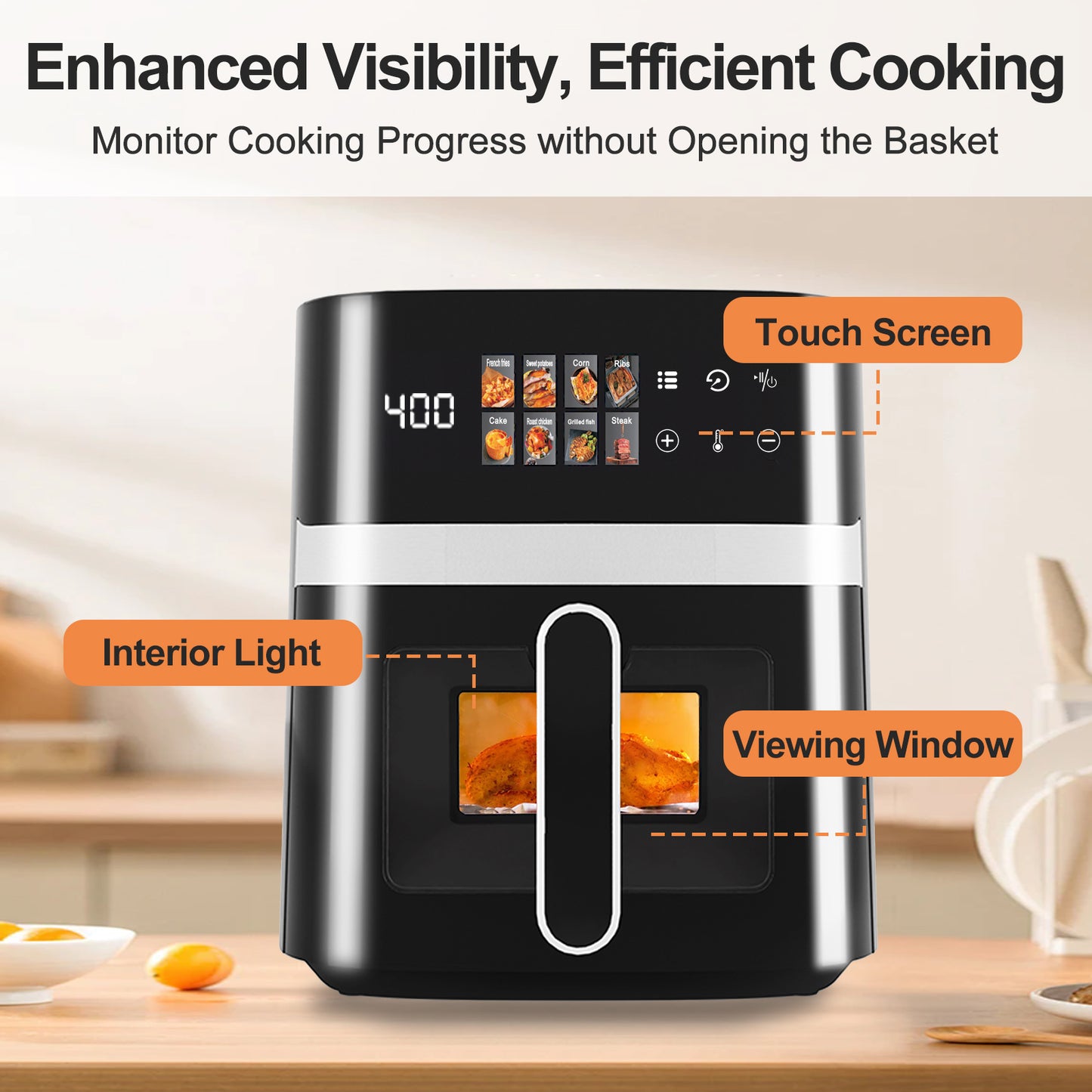 Pentantan 6QT Air Fryer, 8-in-1 Electric Hot Oven with Digital LED Touchscreen, Visible Window, 1500W, Black