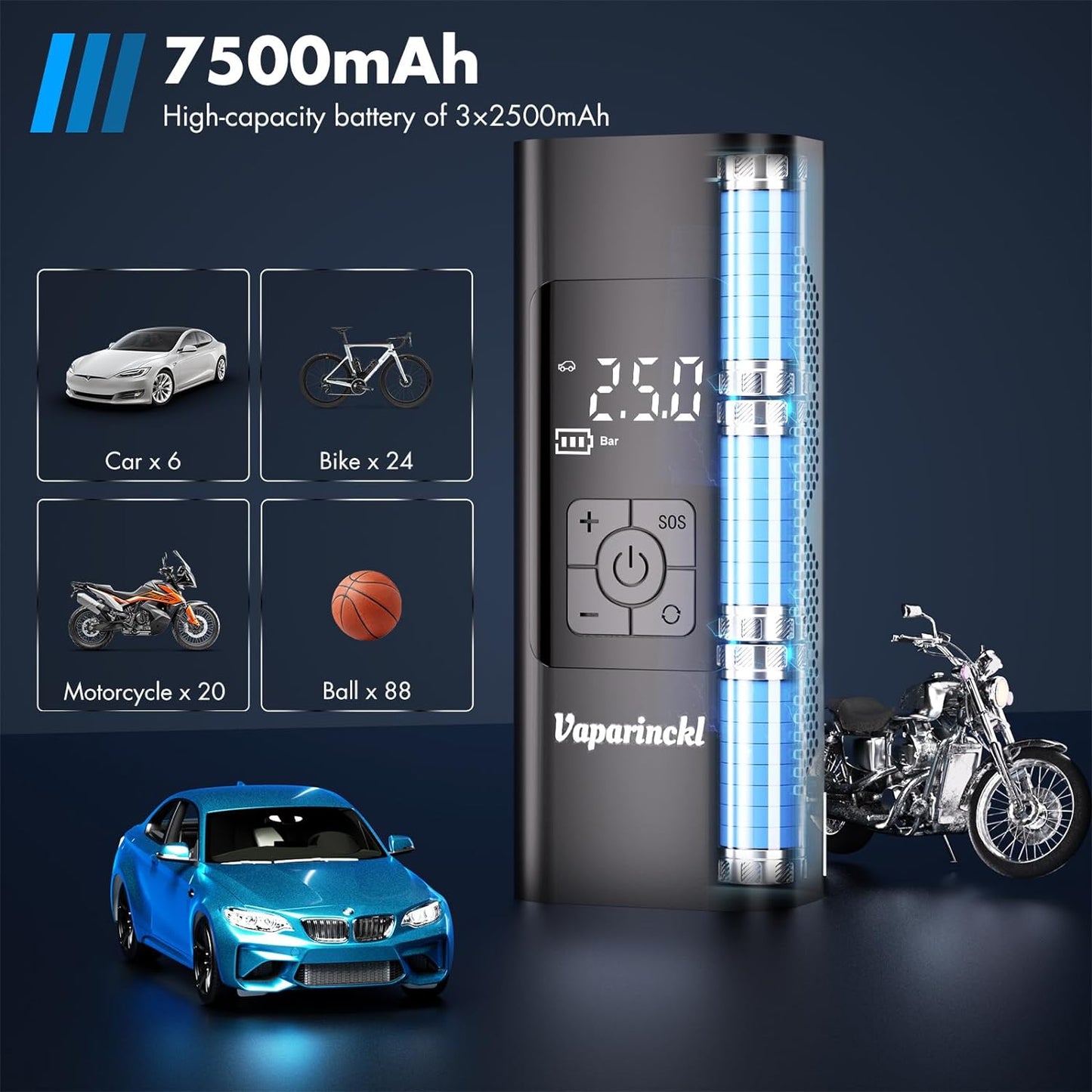 Tire Inflator Portable Air Compressor, 150psi Cordless Air Pump for Car Tires with 7500mAh Battery, Digital Pressure Gauge, Automatic Shutoff