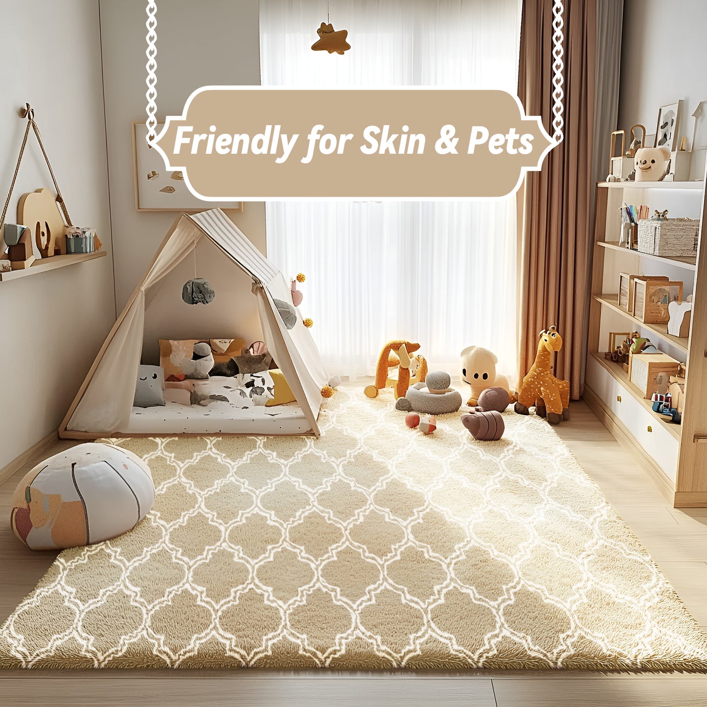 Geometric Shaggy Area Rugs for Bedroom, Moroccan Fluffy Living Room Carpet, Camel & White