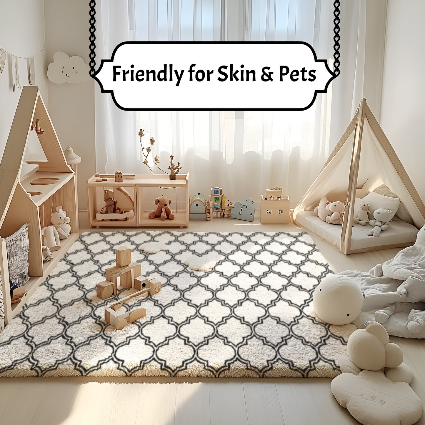 Pentantan 8ft x 10ft Geometric Shag Area Rugs for Living Room, Moroccan Fluffy Bedroom Carpet, White & Black