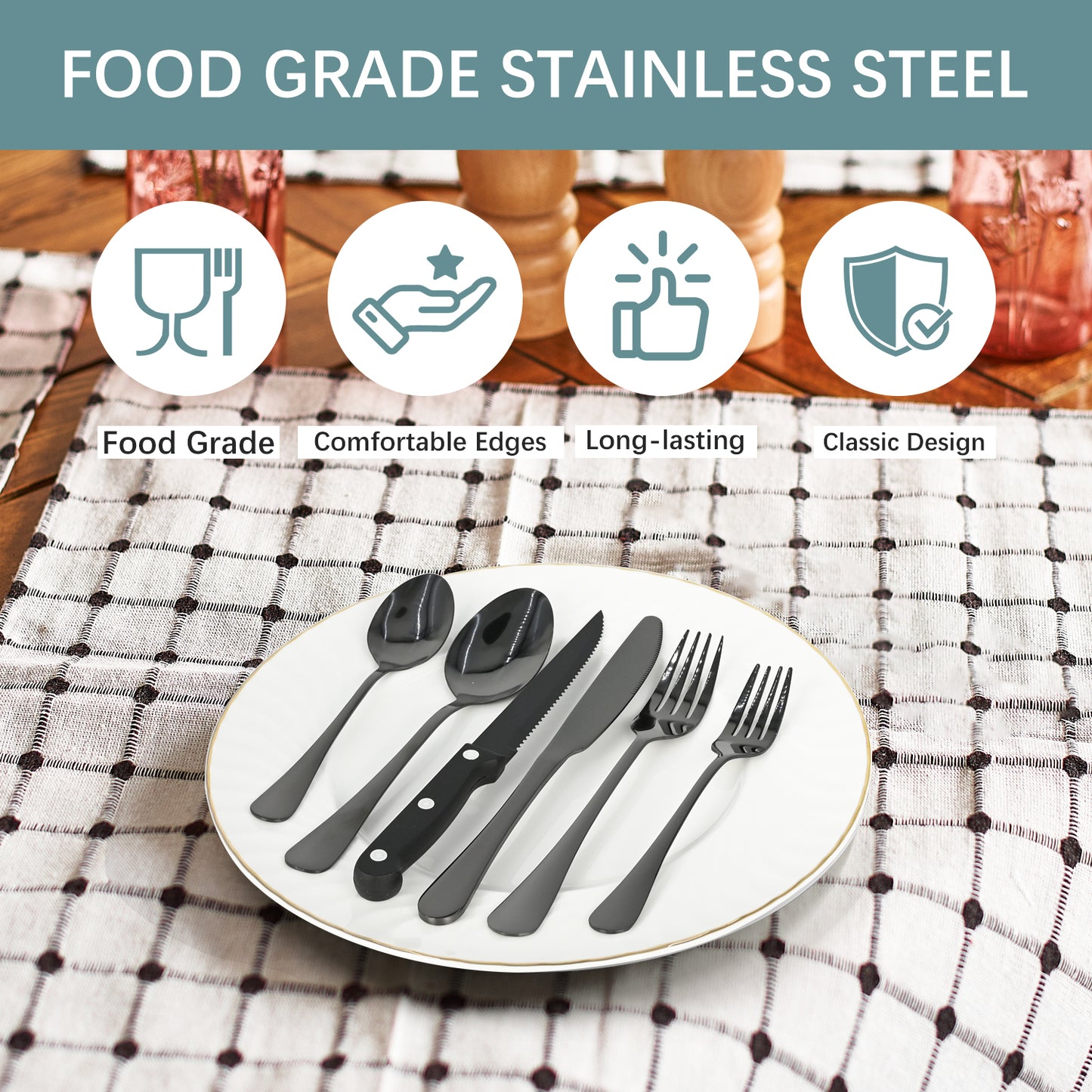 Bluebow 24-Piece Black Silverware Set with Steak Knives, Flatware Cutlery Set for 4, Food-Grade Stainless Steel Kitchen Tableware Set