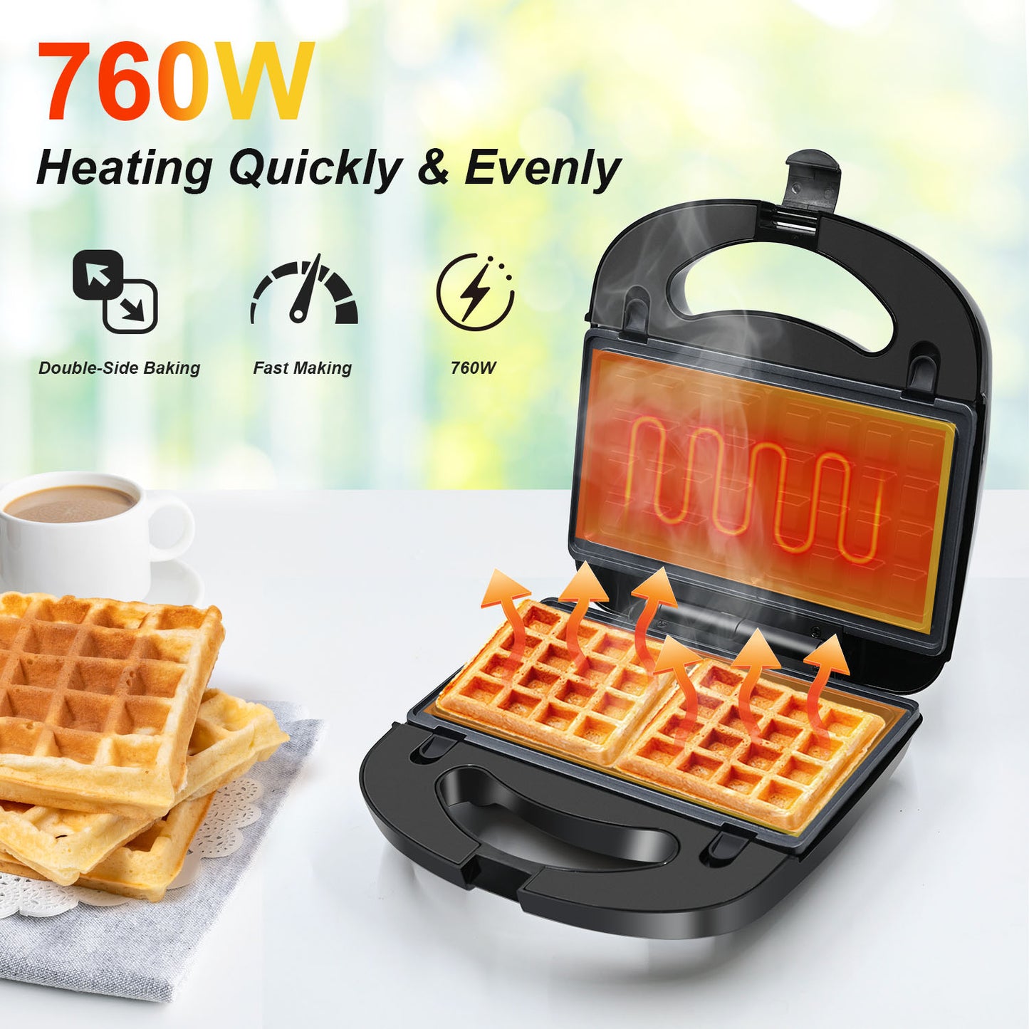 Bluebow 3 in 1 Waffle Maker, 2 Slice Breakfast Sandwich Maker with Removable Plates, Non-Stick Panini Press Grill, Indicator Light, 760W