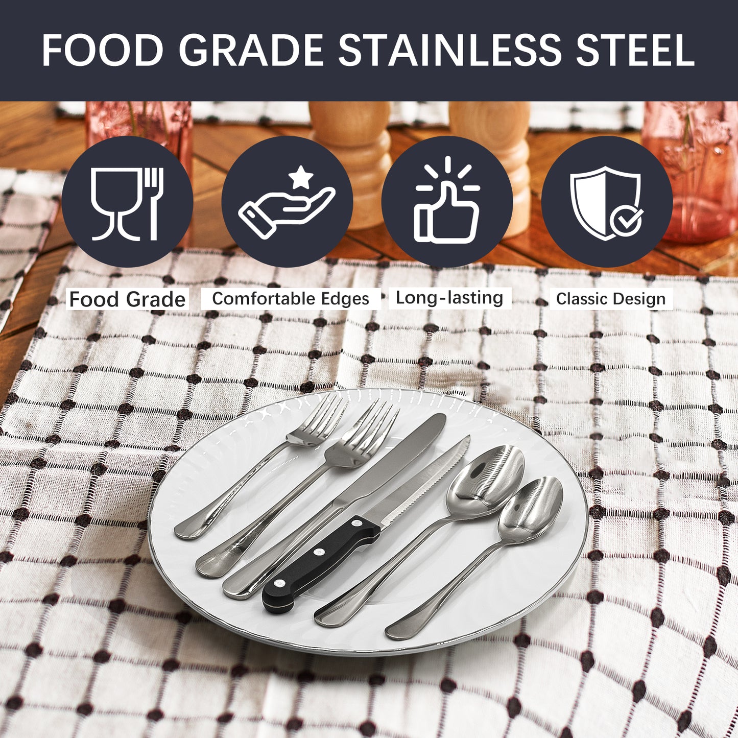 Bluebow 24-Piece Silverware Set with Steak Knives, Flatware Cutlery Set for 4, Food-Grade Stainless Steel Kitchen Tableware Set