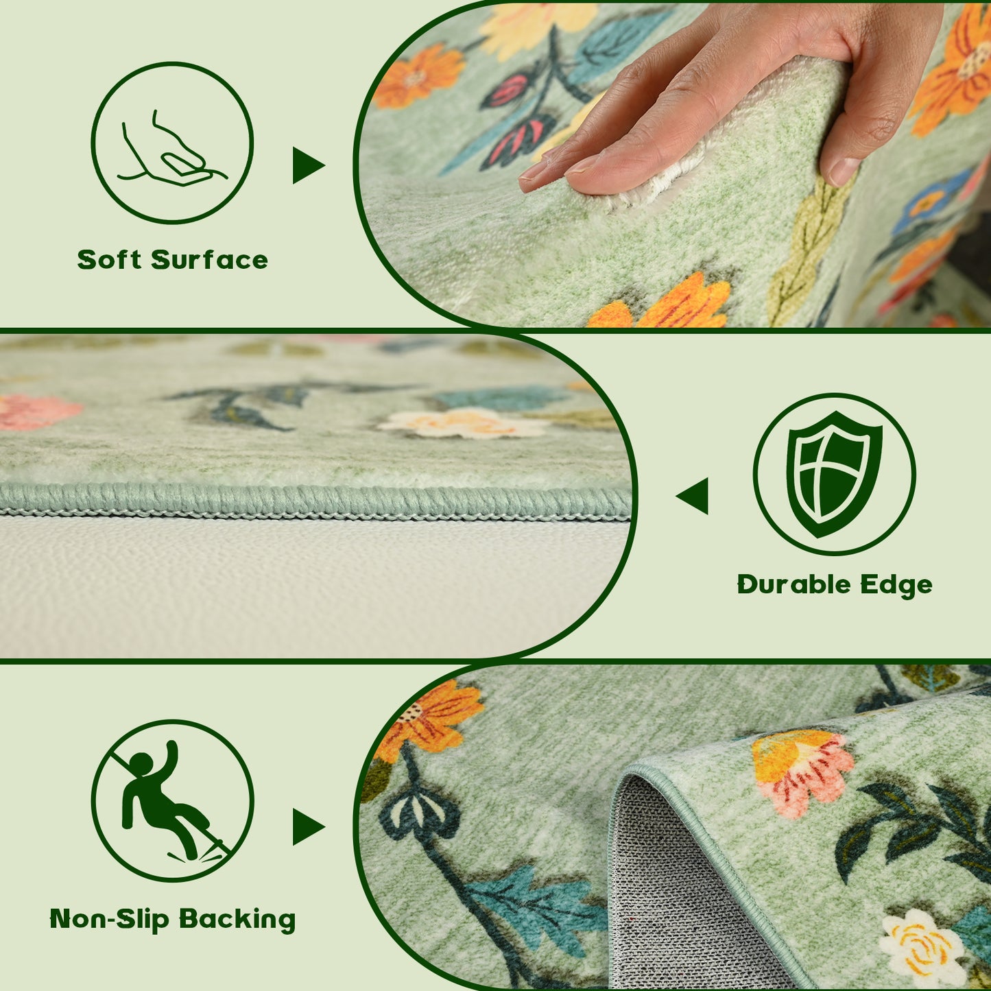 Pentantan 9'x12' Floral Area Rugs, Machine Washable Rug for Living Room- Soft Indoor Carpet, Low Pile for Bedroom, Dining Room, Playroom, Office, Green