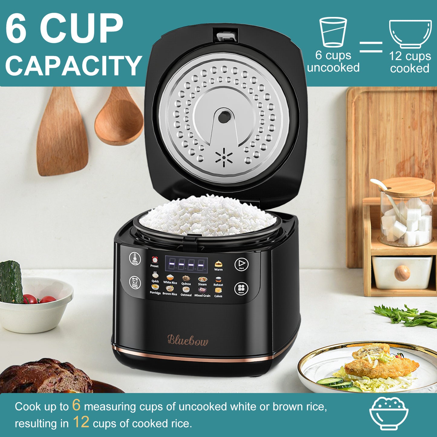 Bluebow Digital Rice Cooker, 6-Cup/2.1QT Small Rice Maker, 10 Presets, 24-Hour Delay Timer & Keep Warm, Non-Stick Inner Pot