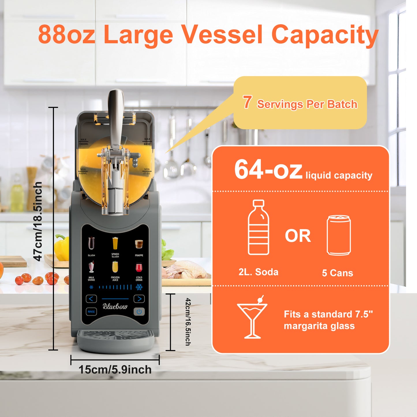 Bluebow Slushie Machine for Home, 88oz Vessel Slushy Maker with 6 Preset Programs, No Ice Needed, Frozen Drink Maker for Slush, Smoothie, Frappe, Milkshakes and More