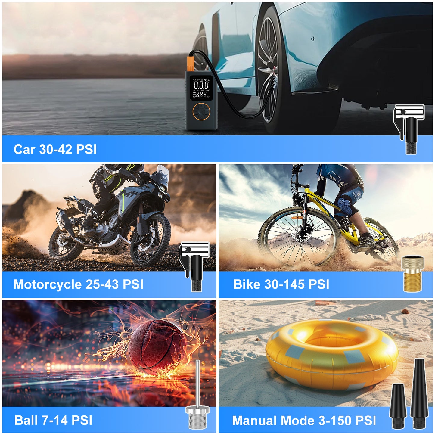 Pentantan Portable Tire Inflator, 150 PSI Cordless Air Compressor, Digital Pressure Gauge Air Pump with Automatic Shutoff & 3 Modes LED Light for Car, Motorcycles, Bicycles, Balls