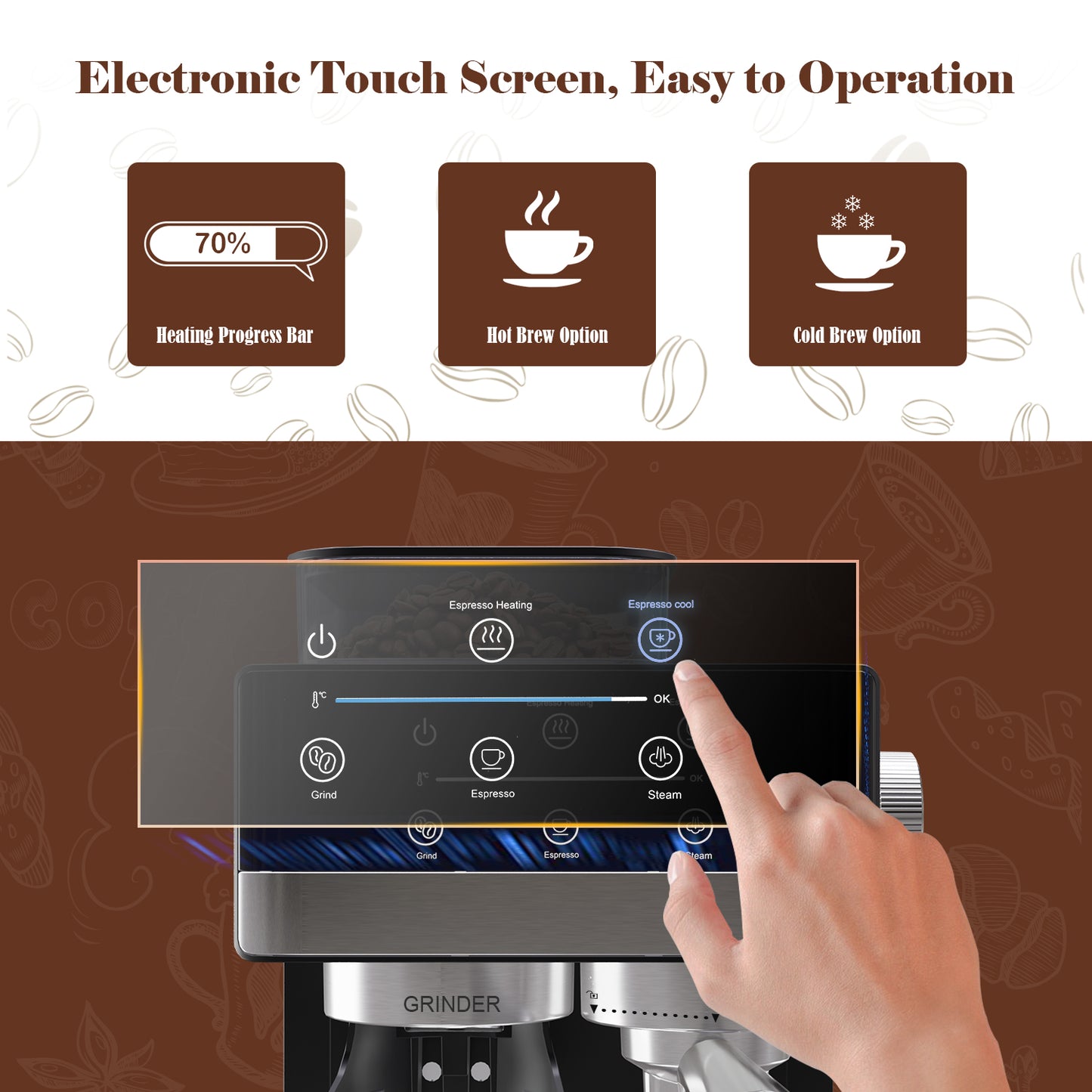 Bluebow Espresso Machine with Grinder, 20Bar Semi-Automatic Coffee Maker with Milk Frother Steam Wand, Professional Cappuccino Latte Machine for Home, Office