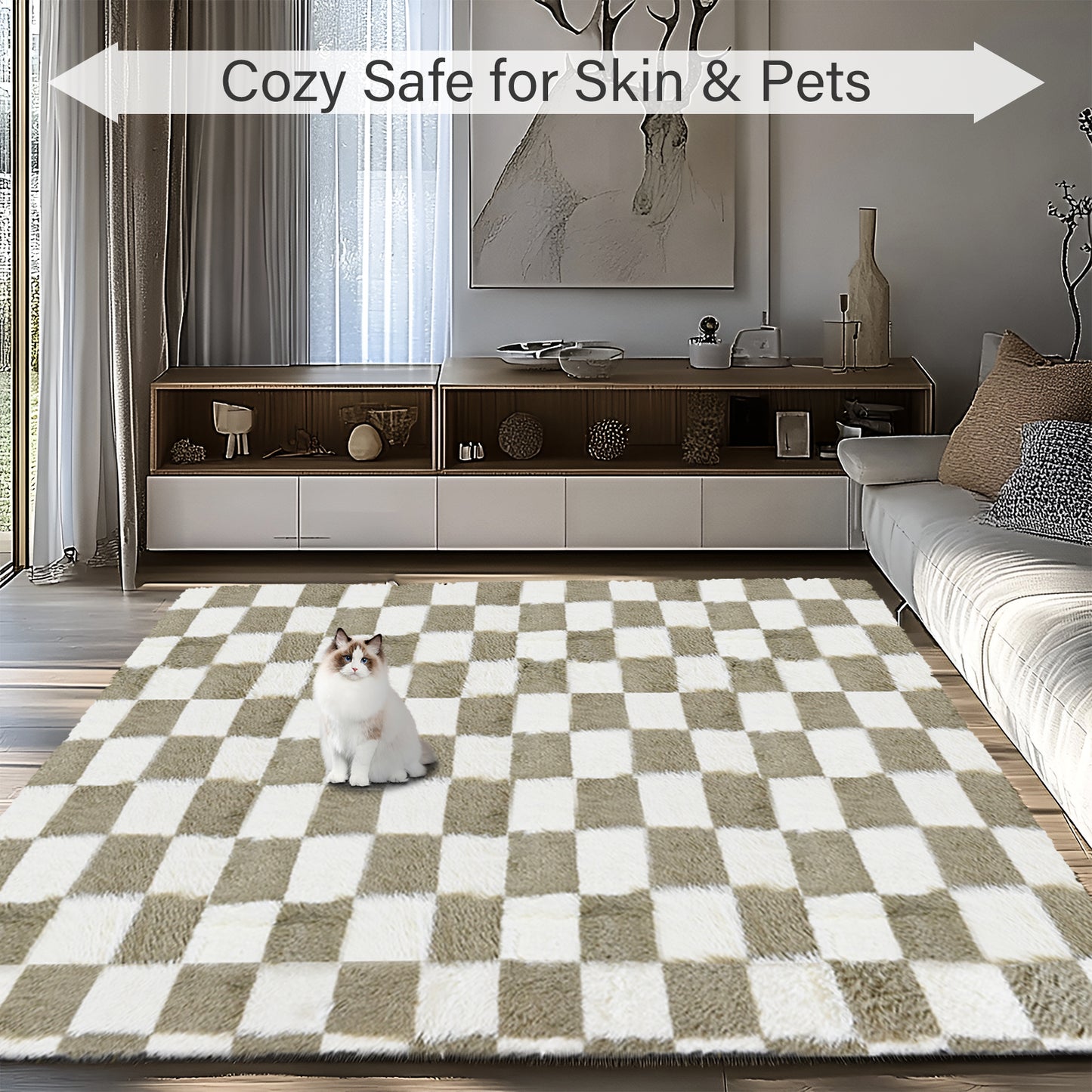 8ft x 10ft Shaggy Area Rugs for Bedroom, Classic Checkered Fluffy Living Room Carpet, Beige & White