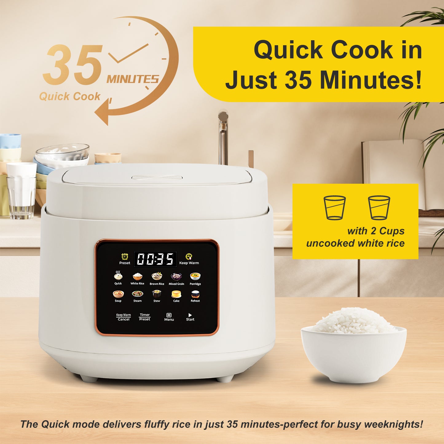Bluebow Digital Rice Cooker, 10-Cups/5.3QT Rice Maker, 10-in-1 Smart Multi-Cooker, 24-Hour Timer & Keep Warm, Non-Stick Inner Pot, White