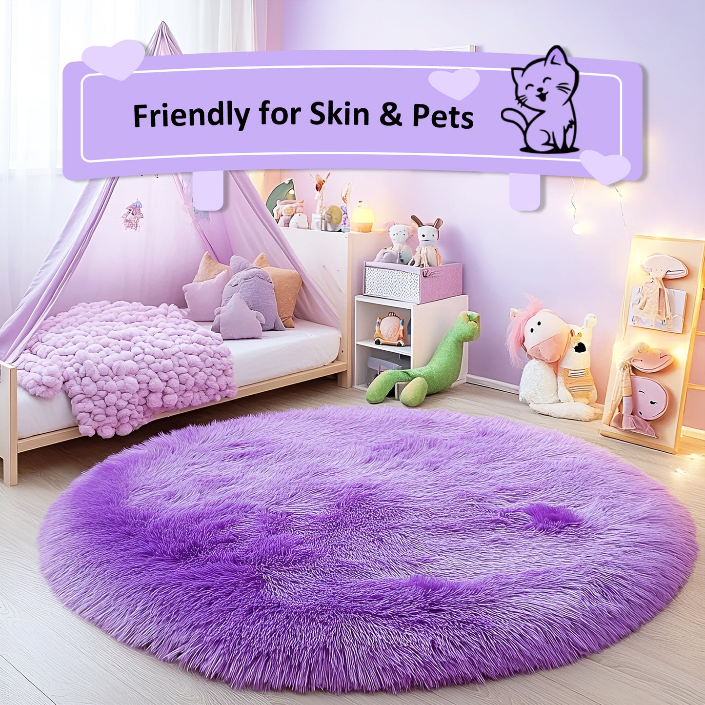 Pentantan 4ft x 4ft Round Shaggy Area Rugs for Bedroom, Fluffy Decorative Carpet for Living Room, Purple
