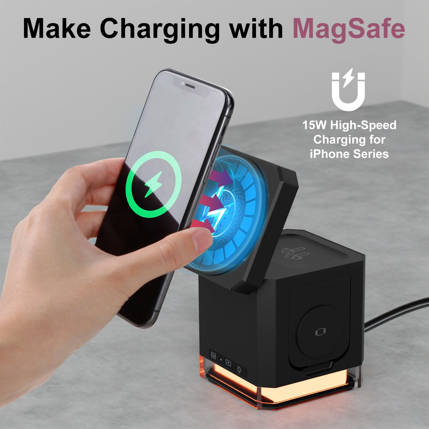 SANPTENT 3 in 1 Cube Wireless Charger, Foldable Charger Stand, 15W Fast Wireless Charging Station for iPhone 15/14/13/12 Series, Apple Watch, AirPods - Black