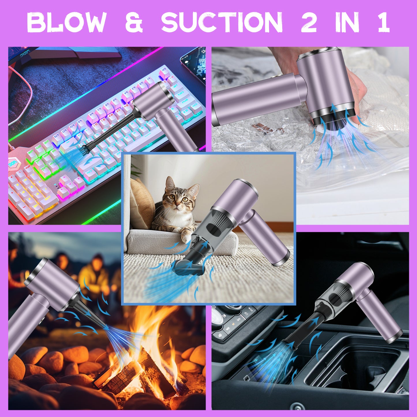 Pentantan Cordless Handheld Vacuum Cleaner, 12000PA Powerful Sutions Car Vacuum, 2 Adjustable Speeds Lightweight Mini Vacuum for Car, Keyboard, Home, Purple