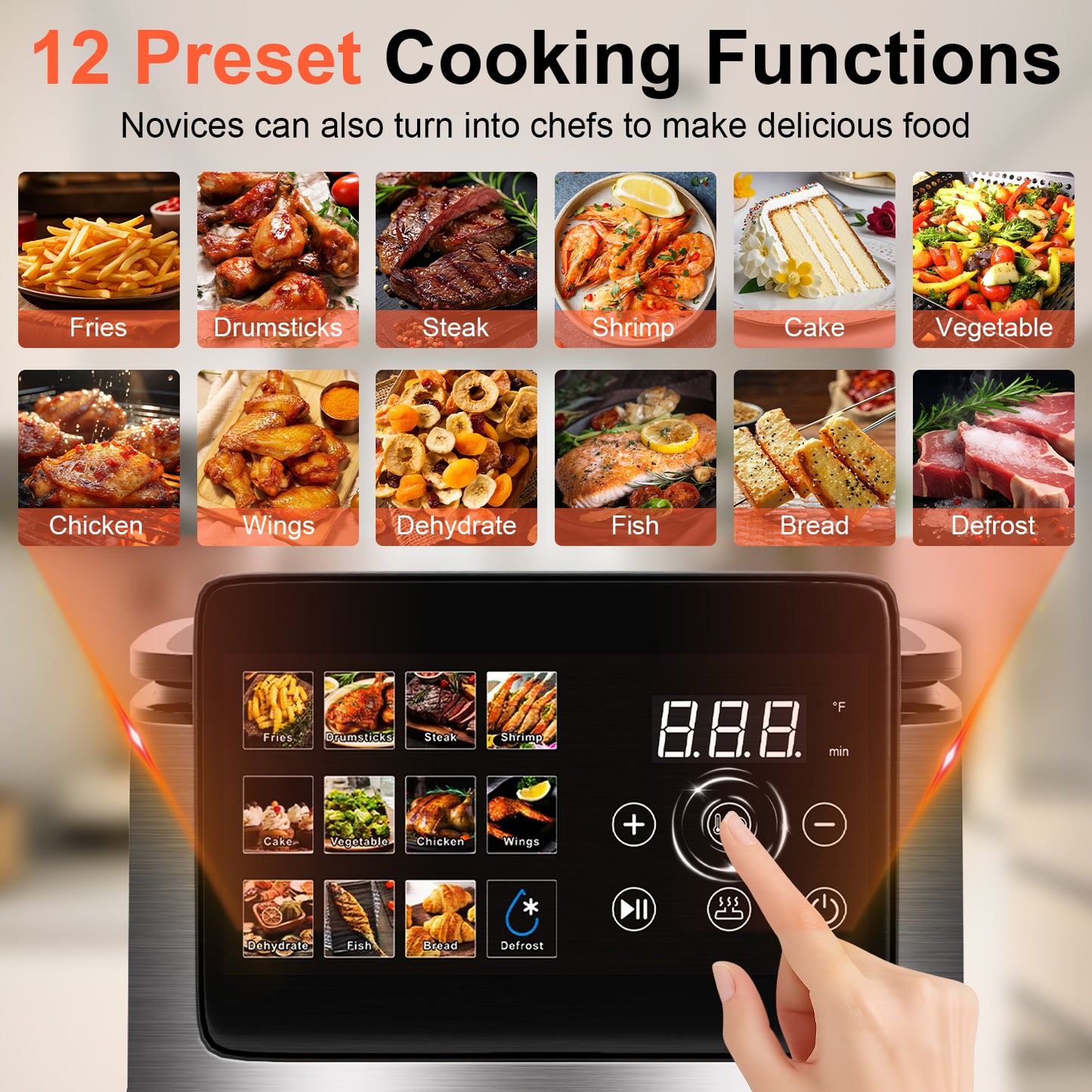 Bluebow 9QT Air Fryer with Large Touch Screen, 12-In-1 Multi-Functional, Visible Window, Oil-Free Cooking, Black