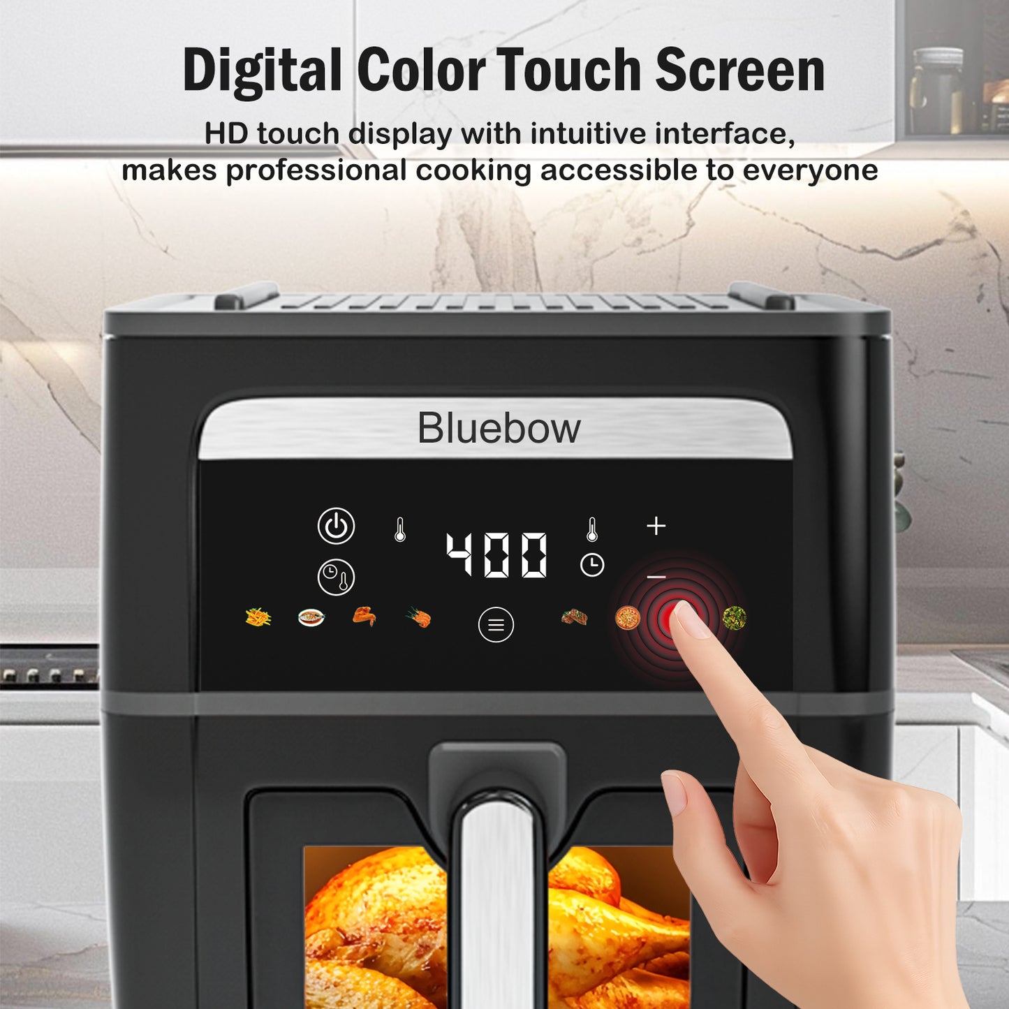 Bluebow 2-In-1 Air Fryer & Grill Pan Combo, 9QT Capacity, 8 Preset Functions, Non Toxic, Non-Stick, View Window, Black