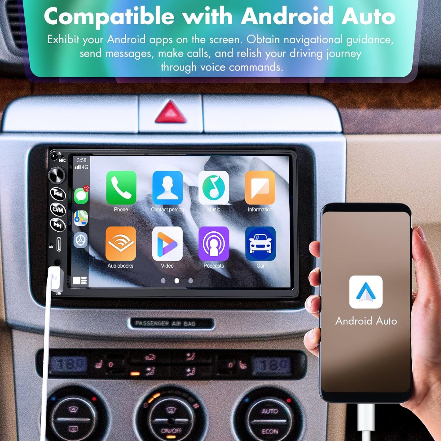 Lieucyst Double Din Car Stereo Compatible with Apple CarPlay & Android Auto, 7-Inch HD Touchscreen Car Radio with USB & Type-C Ports, Bluetooth, FM, Backup Camera, AUX/TF Input