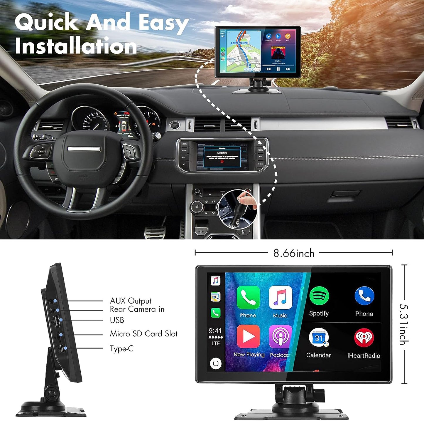 Lieucyst Portable Car Stereo, Wireless Apple CarPlay&Android Auto, 9 Inch FHD Touchscreen Car Audio Receivers Bluetooth, Backup Camera, Voice Control, GPS Navi, Mirror Link, FM, AUX/USB/TF