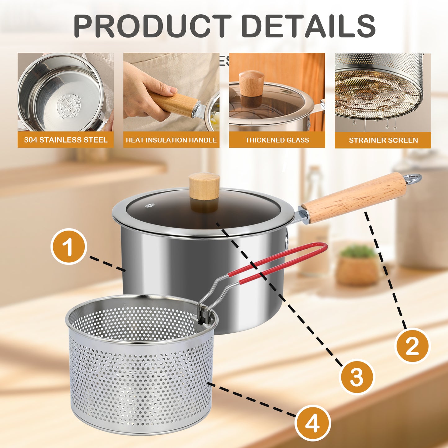 Deep Fryer Pot, Stainless Steel Fryer Pot with Basket and Handle, 3QT Oil Strainer Pot with View Window