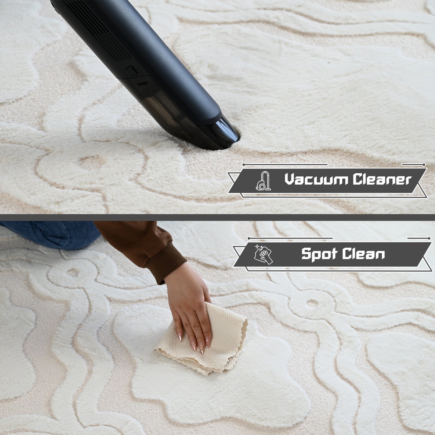 5ft x 8ft Shaggy Area Rugs for Bedroom, Modern Geometric Fluffy Living Room Carpet, Beige & White