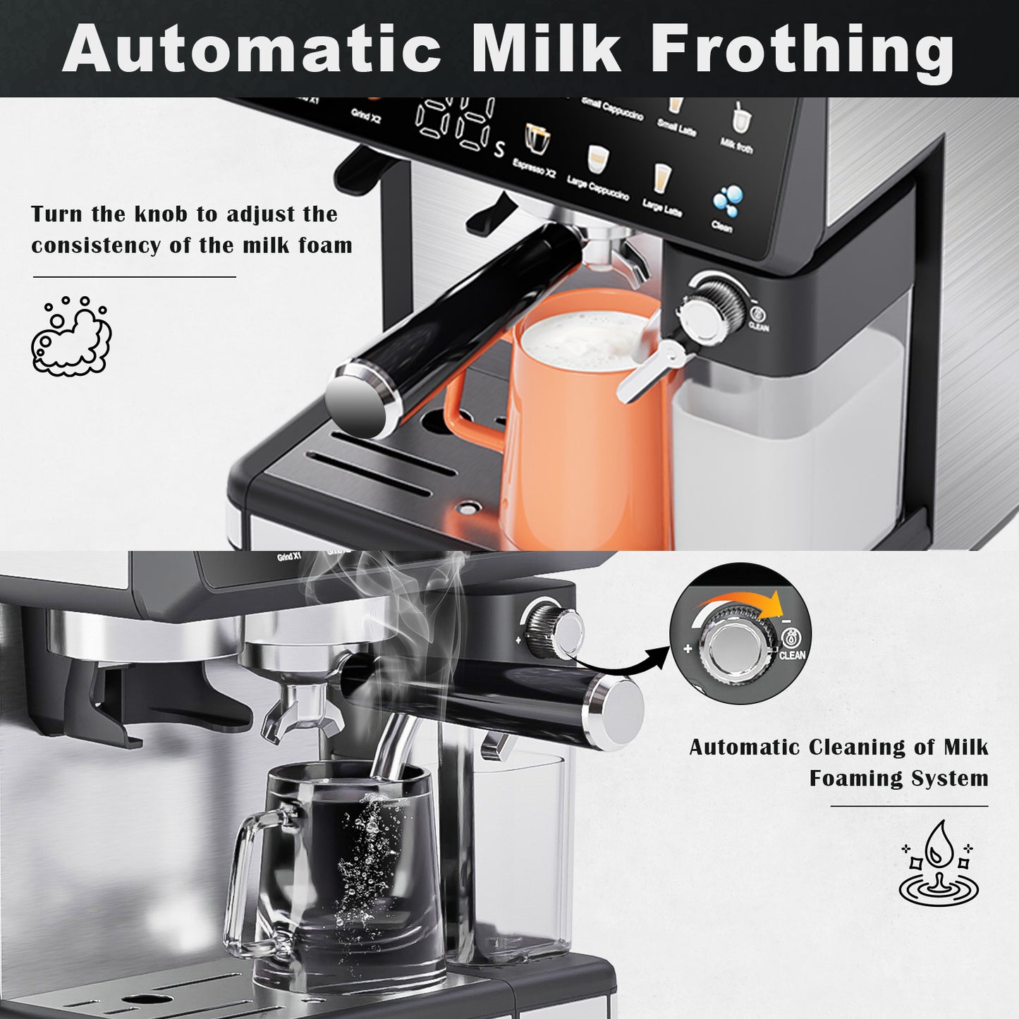 Bluebow All-in-One Espresso Machine with Grinder, 20-Bar Automatic Coffee Maker, Built-in Milk Frother for Latte & Cappuccino, Single/Double Shot Brew, Touchscreen - Stainless Steel