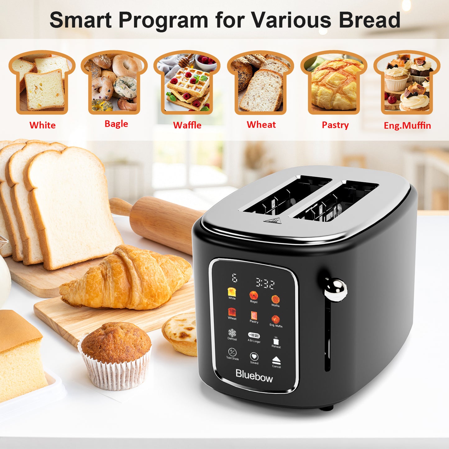 Bluebow 2-Slice Touchscreen Toaster, Removable Tray, Kitchen Appliances, Apartment Essentials (Black)