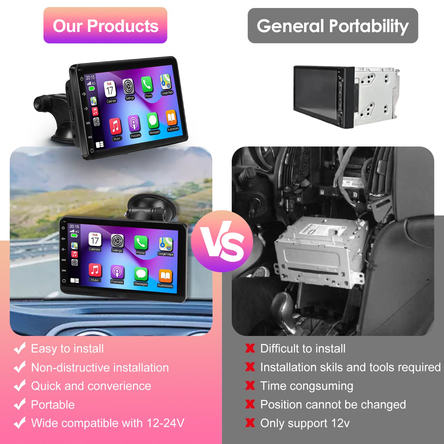 Pentantan Wireless 7” Touchscreen Portable Car Stereo with Apple CarPlay and Android Auto