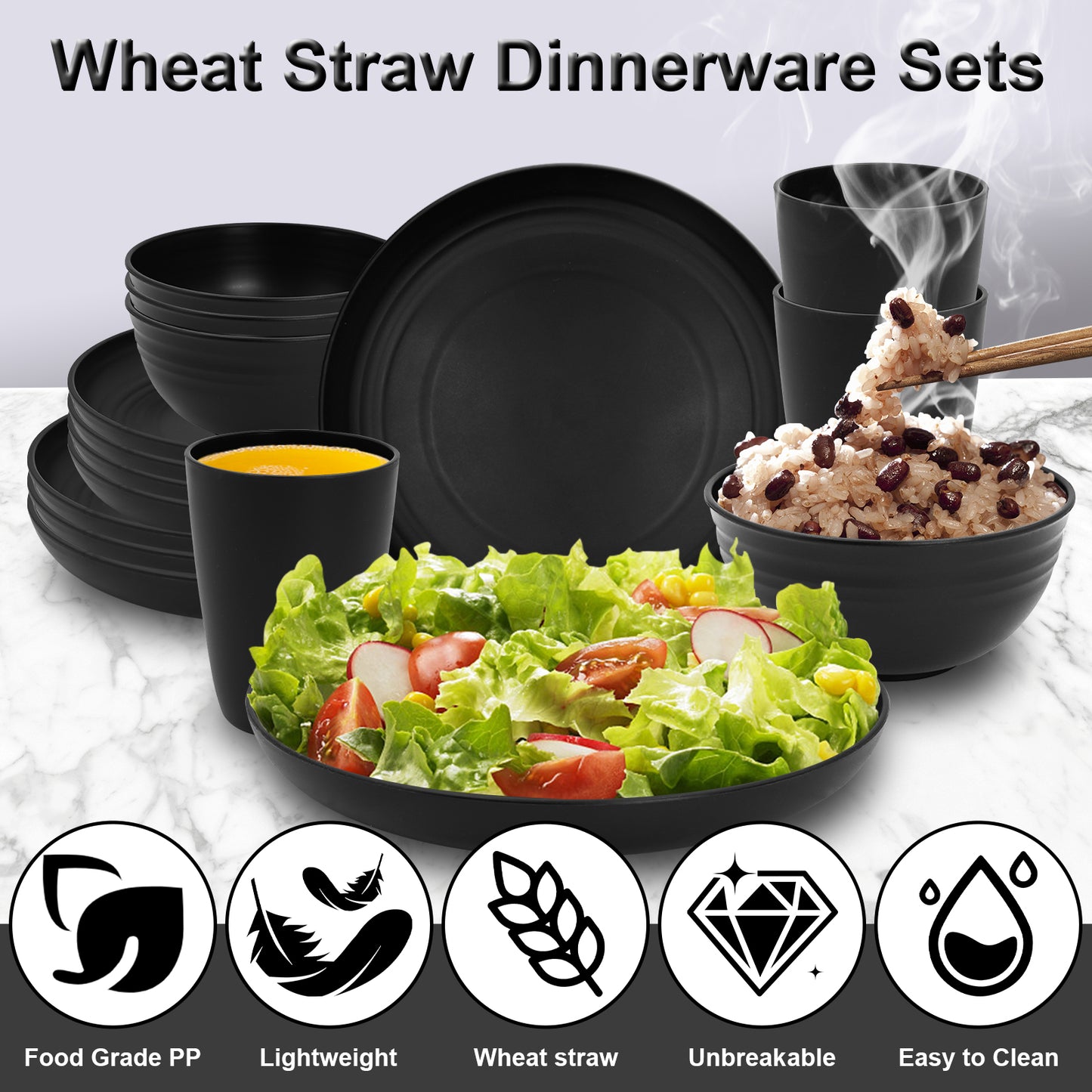 Vaparinckl Wheat Straw Dinnerware Sets 32 Pcs, Plates & Bowls Set For 8, Unbreakable, Eco-Friendly, Microwave & Dishwasher Safe, Black