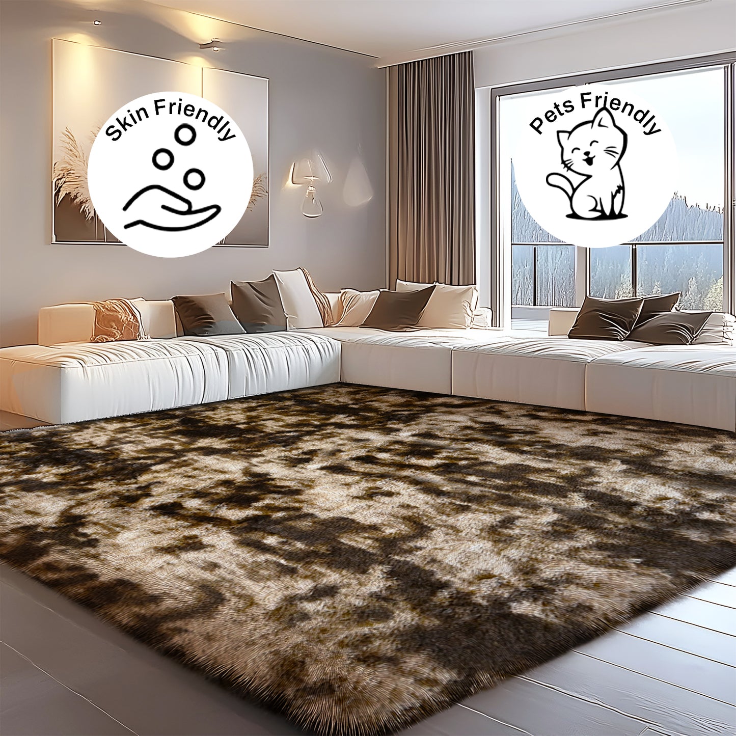 8’ x 10’ Shaggy Area Rugs, Soft Fluffy Indoor Carpet for Living Room Bedroom Decor, Tie-dyed Coffee