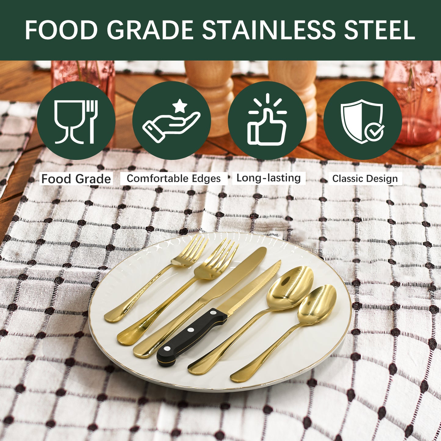 Bluebow 24-Piece Golden Silverware Set with Steak Knives, Flatware Cutlery Set for 4, Food-Grade Stainless Steel Kitchen Tableware Set