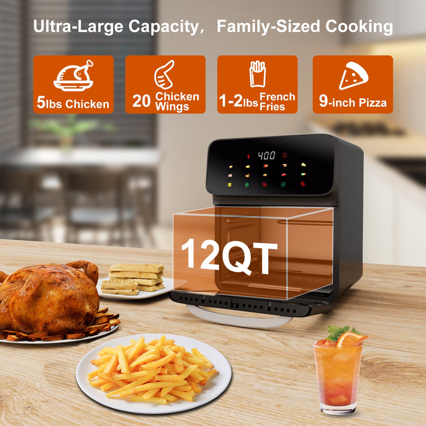 Bluebow Air Fryer 12QT Convection Oven with Visible Window, 10-in-1 Multi Function and Touchscreen, Gray